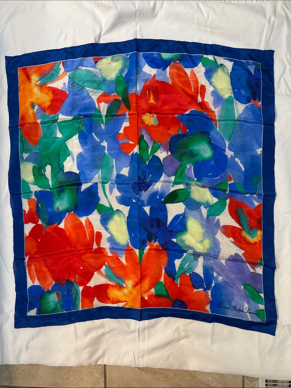 Ralph Lauren Blue and Green Floral Pure Silk Scarf Black Label 35"x35"